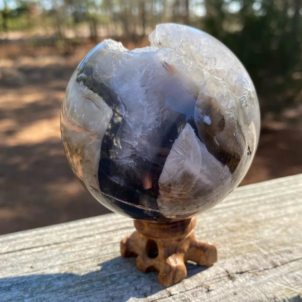 Large HQ Polished UV Reactive Volcano Agate Sphere w/ Wooden Stand - Picture 2 of 16